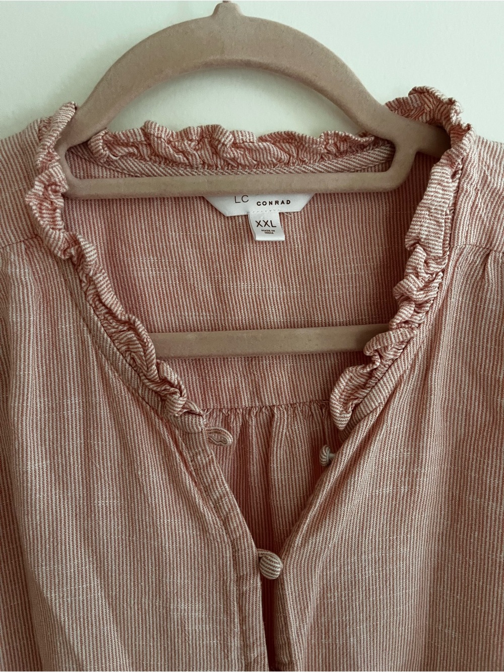 Pinstripe Button Down Blouse with Ruffle Detail - Picture 2 of 2